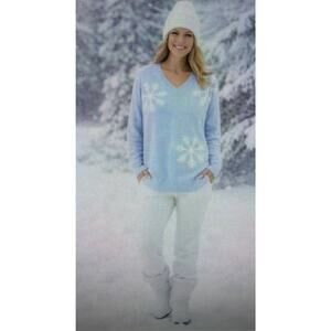 Laurie Felt Womens Sweater XS Cashmere Bld cottagecore Blue Snowflakes cozy